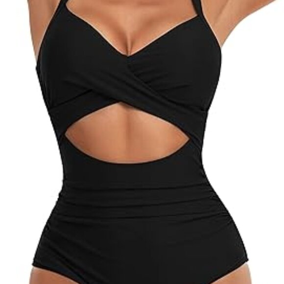 Cutout High Waisted Bathing Suit Wrap Tie Back Women's One-Piece Swimsuit - Picture 1 of 6